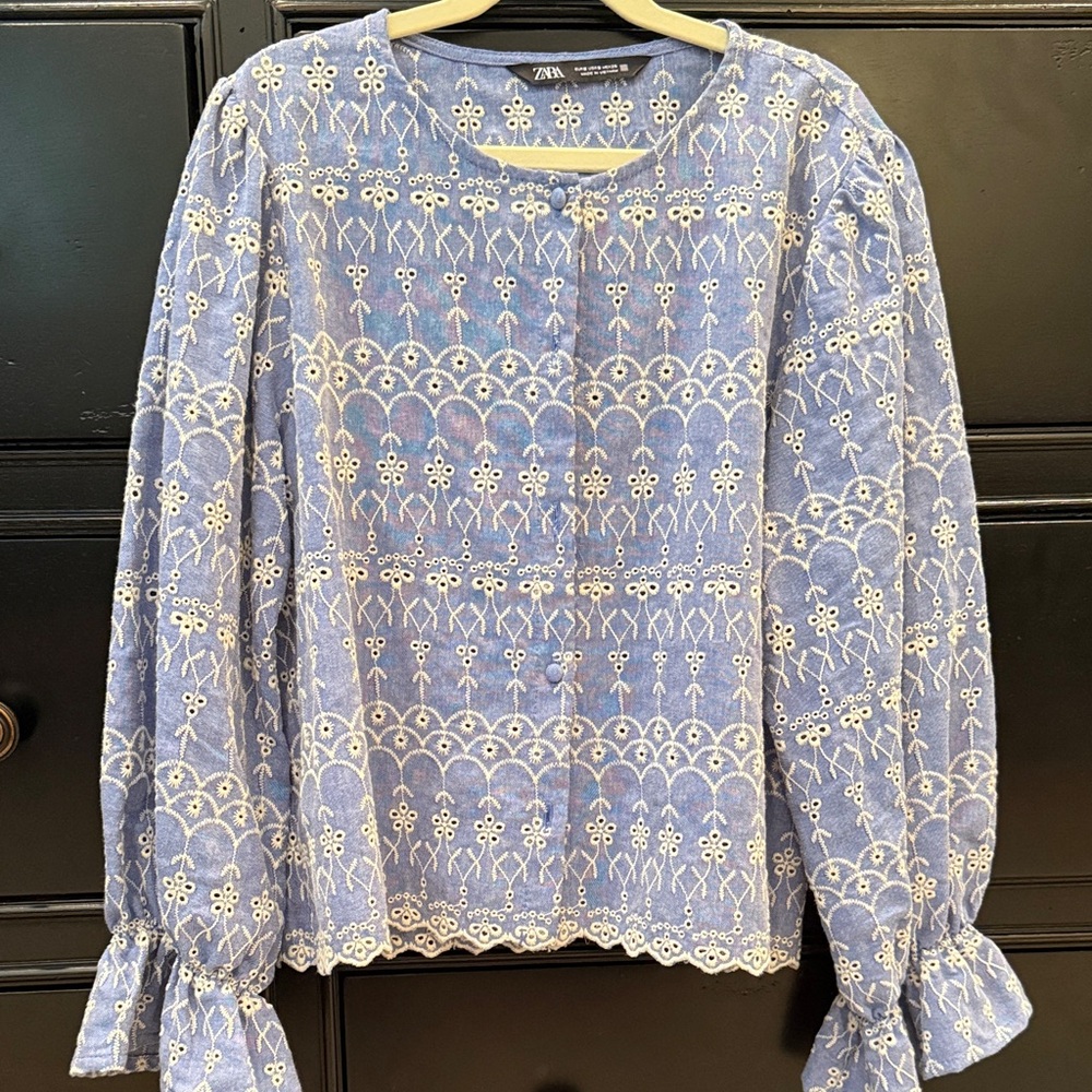 Zara Light Blue White Eyelet Embroidered Blouse